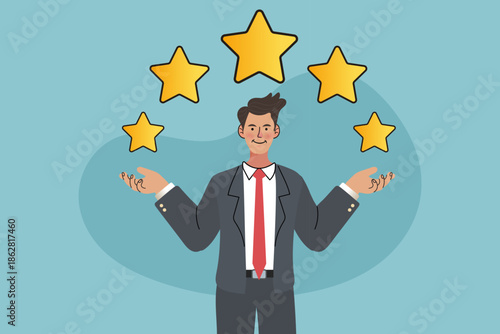 Customer satisfaction and business rating concept with man showing five golden stars for best quality review and service excellence strategy illustration.