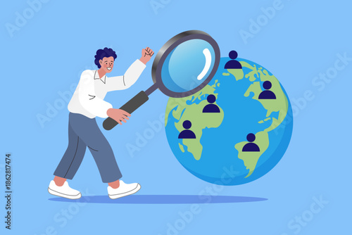 Global talent acquisition and international market research concept with man using magnifying glass to search for remote employees or target customers worldwide for business expansion strategy.