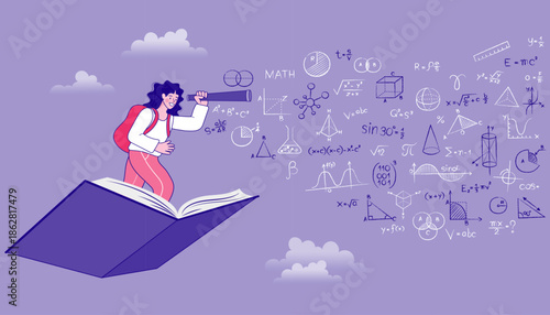 Female student on a journey of educational discovery flying on a magical open book and looking through a telescope to foresee the future of STEM learning and scientific research opportunities.