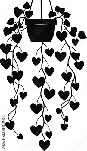 A hanging houseplant vine with heart shaped leaves, flowing composition, flat vector art, minimal detail, limited color palette, thick black outline, no texture, no lighting, white background