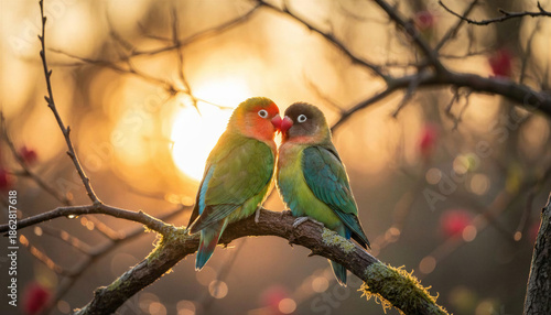 Two parrots kiss on a branch during sunset in a natural setting