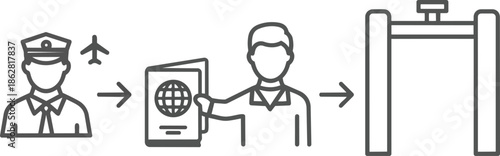 A vector image shows the airport security process. The image shows an officer, a passport, and a person walking through security