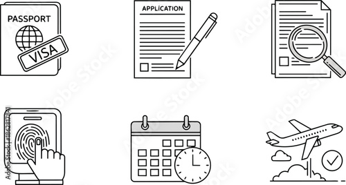 A collection of icons related to international travel. Depicting steps like passport application, visa application, finger printing, and travel booking