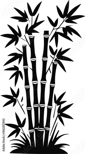 A bamboo plant with segmented stalks and leaves, upright structure, flat vector art, simple geometric forms, limited colors, thick black outline, no texture, no lighting, clean sticker design 1