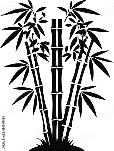 A bamboo plant with segmented stalks and leaves, upright structure, flat vector art, simple geometric forms, limited colors, thick black outline, no texture, no lighting, clean sticker design 2