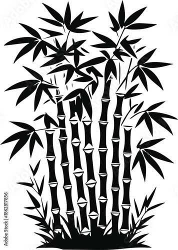 A bamboo plant with segmented stalks and leaves, upright structure, flat vector art, simple geometric forms, limited colors, thick black outline, no texture, no lighting, clean sticker design 3