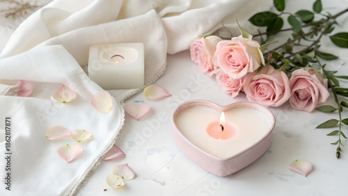 Romantic spa wellness setup with pink roses, scented candle, and heart shaped soap on white background, AI generated