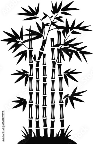 A bamboo plant with segmented stalks and leaves, upright structure, flat vector art, simple geometric forms, limited colors, thick black outline, no texture, no lighting, clean sticker design