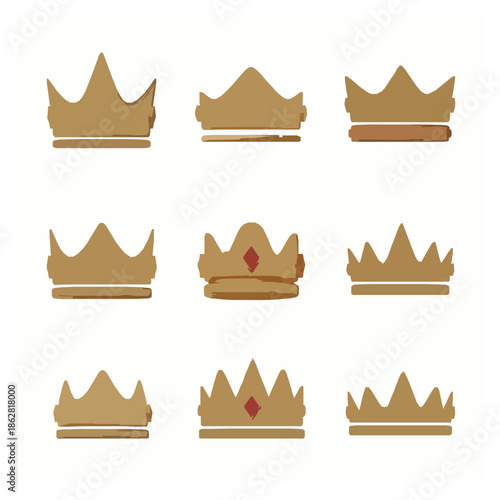 Classic king gold crown 3D realistic vector icon pack with traditional royal symbols