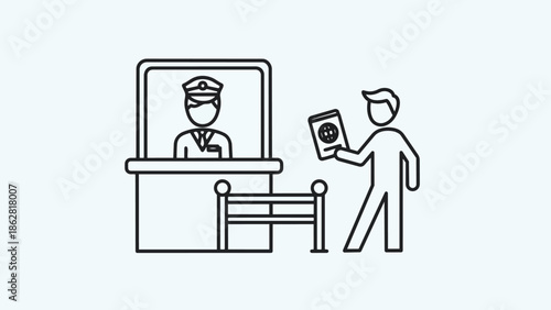 Line art depicts a person handing a passport to a border control agent standing in a booth