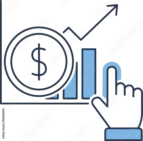 Icon depicting business growth. A rising graph and a dollar sign are featured alongside a hand tapping to activate the icon