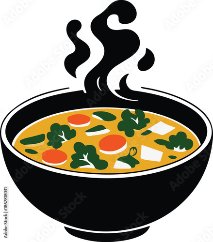 A bowl of steaming vegetable soup with visible chunks, simple round bowl shape, flat vector illustration, solid flat colors, bold black outline, no gradient, no shadow, clean sticker style, white back