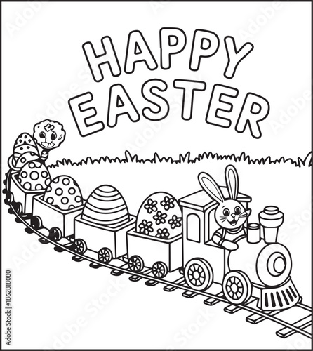 Easter bunny coloring page for kids black line art vector illustration doodle, Happy easter day coloring crafts and activities