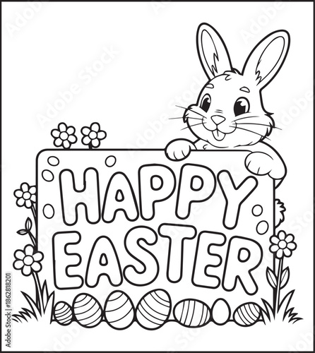 Easter bunny coloring page for kids black line art vector illustration doodle, Happy easter day coloring crafts and activities