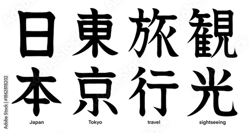 Japanese kanji characters for Japan, Tokyo, travel and sightseeing isolated on a transparent background, calligraphy art