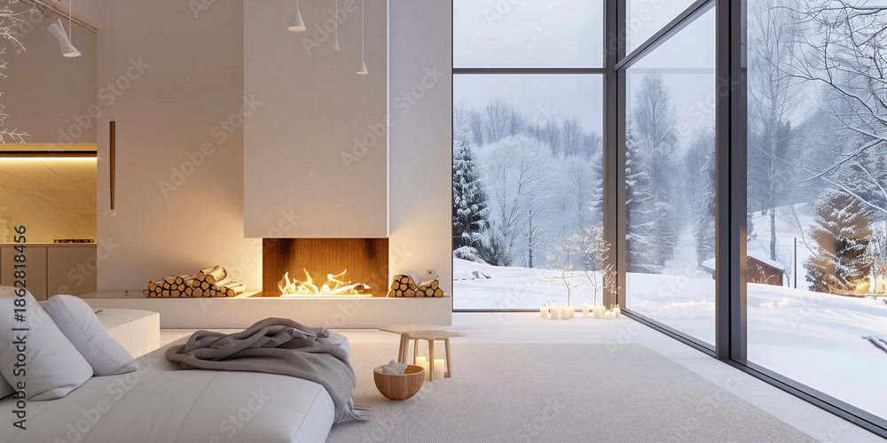 Fototapeta premium warm and cozy modern interior with fireplace and snowy view, elegant winter living room with fireplace and snow outside, cozy modern home interior with fireplace and snowy landscape
