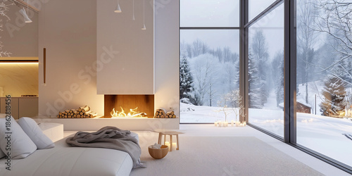 warm and cozy modern interior with fireplace and snowy view, elegant winter living room with fireplace and snow outside, cozy modern home interior with fireplace and snowy landscape