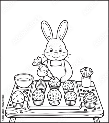 Easter bunny coloring page for kids black line art vector illustration doodle, Happy easter day coloring crafts and activities