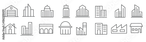 Building thin line icon set. Apartment, Industrial, house, hospital, restaurant, city, home, hotel, apartment, mall, coffee shop, land mark, historical place and place outline iocn collection.