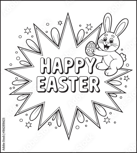 Easter bunny coloring page for kids black line art vector illustration doodle, Happy easter day coloring crafts and activities