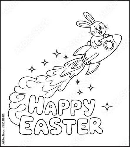 Easter bunny coloring page for kids black line art vector illustration doodle, Happy easter day coloring crafts and activities
