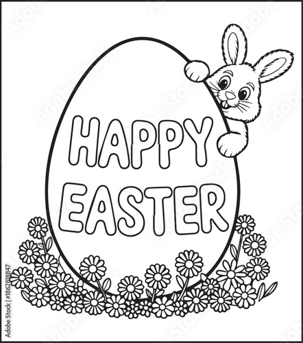 Easter bunny coloring page for kids black line art vector illustration doodle, Happy easter day coloring crafts and activities