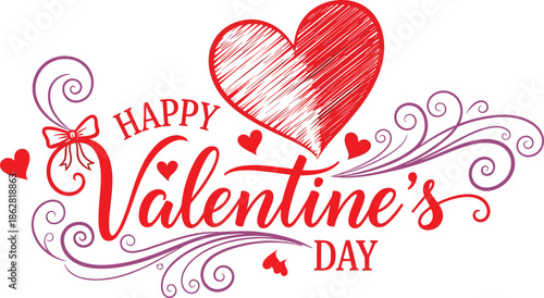 Valentine's Day vector typographic graphic featuring hand-drawn cross-hatched heart elegant purple filigree swirls and romantic script lettering.