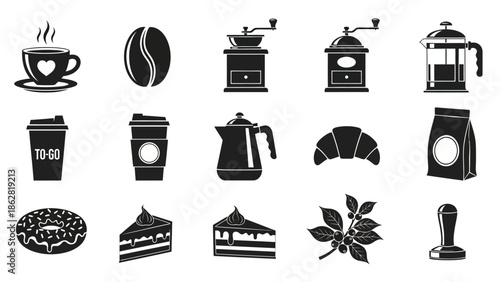 Black icons of coffee and bakery.