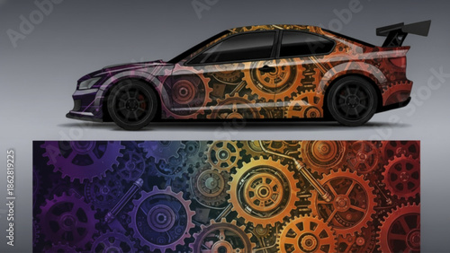 A car with a custom gear-themed wrap, featuring a vibrant gradient from purple to orange.
