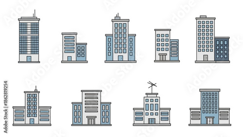 City buildings and skyscrapers icons.
