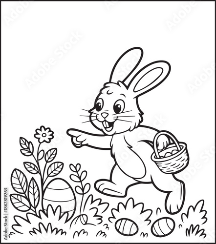 Easter bunny coloring page for kids black line art vector illustration doodle, Happy easter day coloring crafts and activities