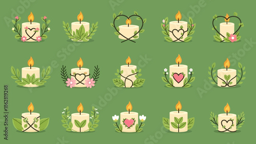 Collection of candle icons with hearts.