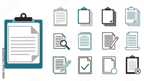 Collection of clipboard icons with documents.