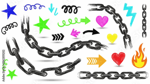 Collection of chain links and symbols.