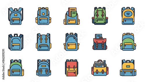 Collection of colorful backpack icons.
