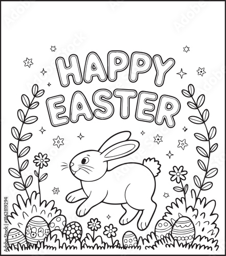 Easter bunny coloring page for kids black line art vector illustration doodle, Happy easter day coloring crafts and activities