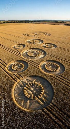 Aerial View of Crop Circles in a Wheat Field.