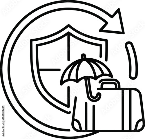 Travel insurance vector icon. Black outline depicts a shield, an umbrella, and a suitcase. The graphic may represent trip coverage or baggage safety