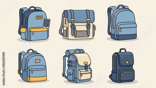 Collection of various blue backpacks.