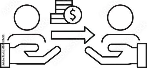 Line art depicts a transaction: money moving from one person's open hand to another's, symbolizing finance, payment, or exchange. This icon is ideal for illustrating money transfer concepts