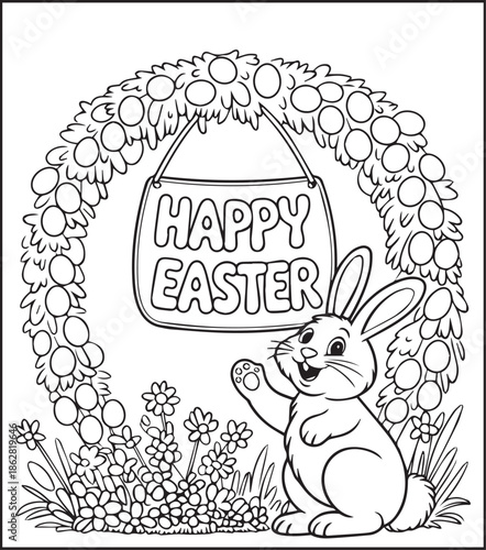 Easter bunny coloring page for kids black line art vector illustration doodle, Happy easter day coloring crafts and activities