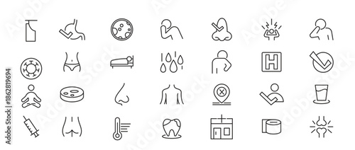 Flu and illnesses line icon set. COVID, cough, fever, lung CT scan, headache, pneumonia, ncov-2019, lungs, kidney, brain, bones line icon set. UI thin line icon pack.