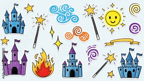 Colorful cartoon castles and wands.