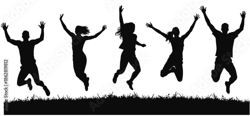  group of five people joyfully jumping in silhouette against