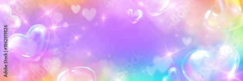 Heart shaped bubbles with sparkle effects on pink and blue gradient background. Magical holographic hearts with glitter and rainbow light for romantic design. Dreamy heart bubbles with shimmering glow