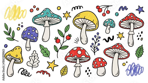 Colorful cartoon mushrooms and plants.
