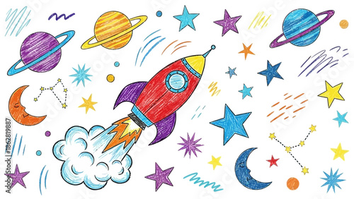 Colorful cartoon rocket ship blasting off.