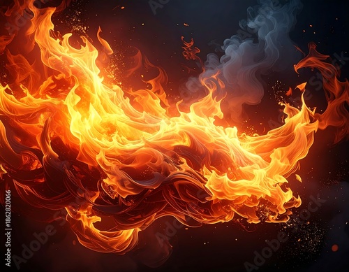 Fiery abstract shape with vibrant orange and yellow hues, smoke