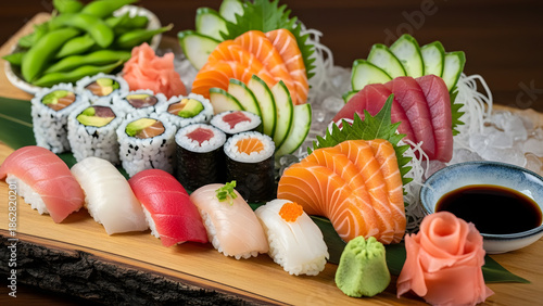 Assorted Sushi Platter with Garnishes – Japanese Cuisine in Vibrant Presentation