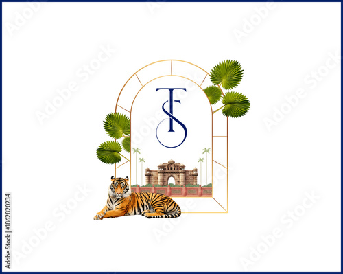 Luxury wedding monogram with leopard, gold arch, and tropical plants.